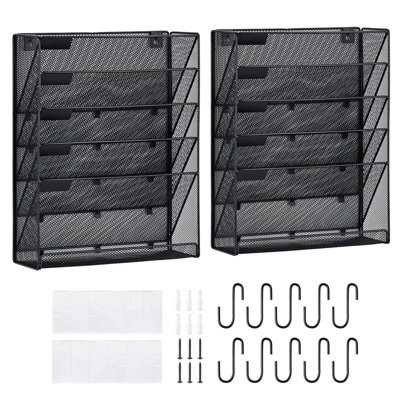 Hanging Wall Files Organizer, 2-Piece 6 Pocket Vertical Wall File Holder, Metal Wall Mounted Magazine Mail Paper Document Storage Folder, with Nametag Label, Bottom Flat Tray, for Office Home & School