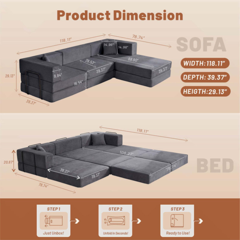 Canapé modulaire Corduroy, Velours côtelé gris