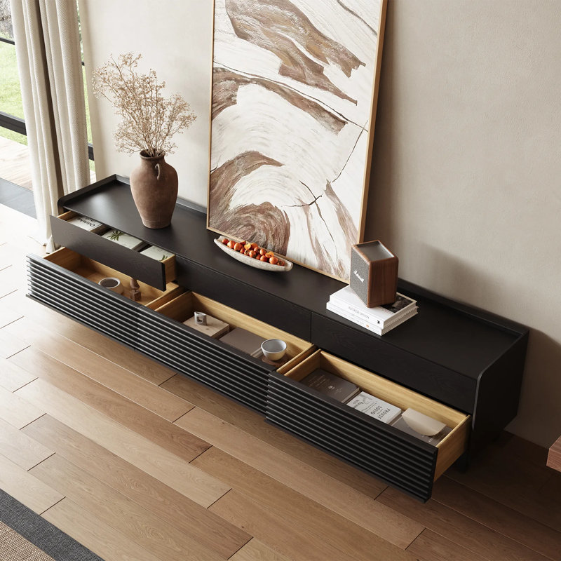 Mid-Century Modern TV Stand with LED Light, Fully Assembled, Black, 22.44"H x 94"L x 15.75"W