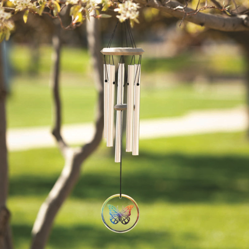 22" Clear Glass Butterfly Wind Chime with Metal Tubes