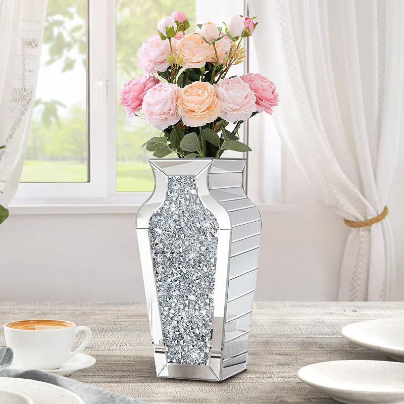 Tall Crushed Diamond Floor Vase, Large Silver Mirror Vase For Living Room Decor, Modern Crystal Accent Vase For Dried Flowers And Home Decoration