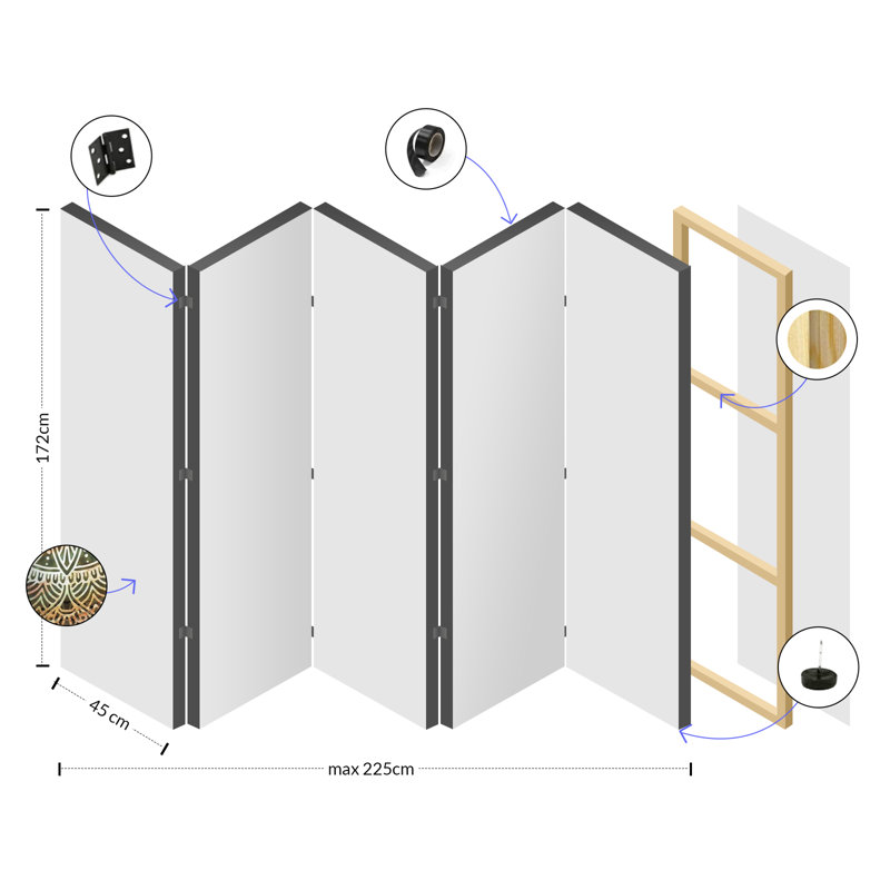 Arshen 225cm W x 172cm H 5 - Panel Folding Room Divider