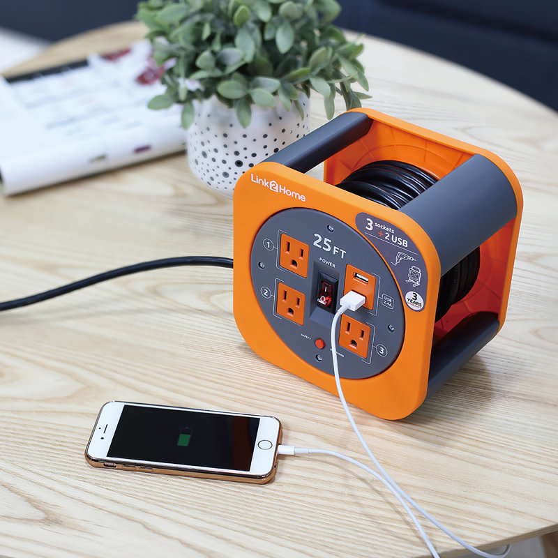 25 ft Black and Orange Extension Cord Reel with USB Ports