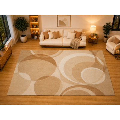 Tapis à anneaux circulaires emboîtables de grande taille 6 pi 7 po x 9 pi 10 po pour salon, chambre à coucher, salle à manger, envers antidérapant doux à poils courts, ivoire caramel