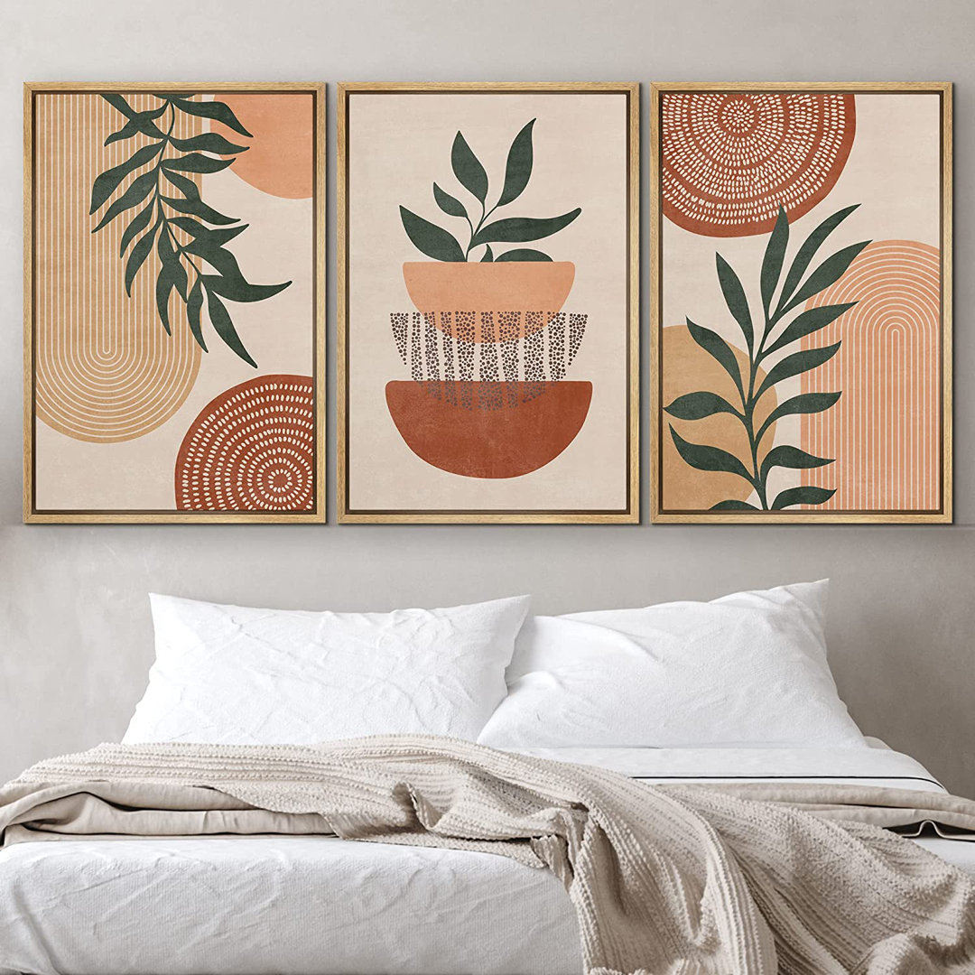Mid Century Modern Boho Geometric Polygon Palm Leaf - 3 Piece Floater Frame Graphic Art Set on Canvas IDEA4WALL Frame 