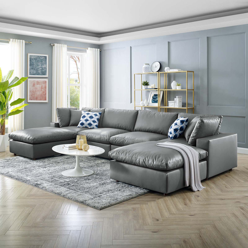 Gray Faux Leather Six-Piece Sectional Sofa with Ottoman