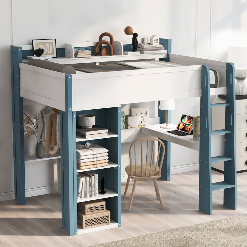 Lit mezzanine double en bois massif avec bureau intégré, bibliothèque, tablettes de rangement, portemanteaux, Bleu