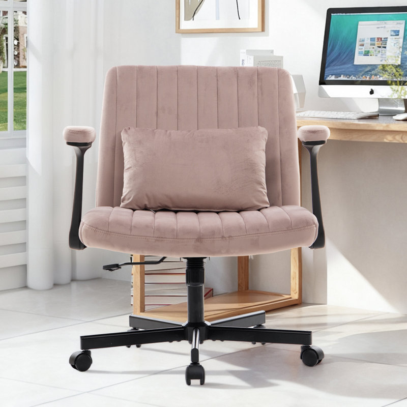 Criss Cross Chair With Wheels, Comfy Cross Legged Velvet Armrest Office Computer Ergonomic Desk Chair, Modern Swivel Makeup Vanity Task Chair Height Adjustable Wide Seat For Home Office Bedroom, Pink