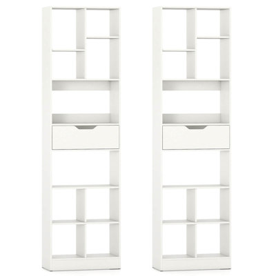 2 PCS 71”Bookcase with Drawer, 10 Open Cubes, Anti-toppling Kits for Study, Office White