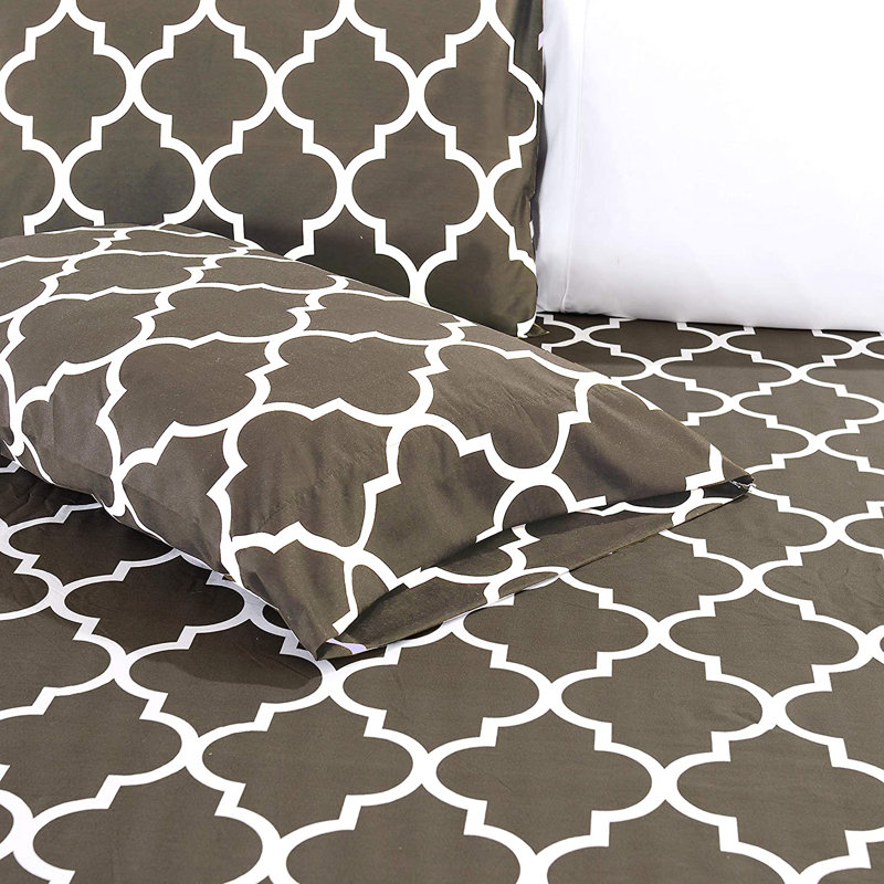 1500 Thread Count Luxury Soft Geometric Sheet Set, Full Sheet Set + Fitted Sheet + 4 Pillowcases, Gray