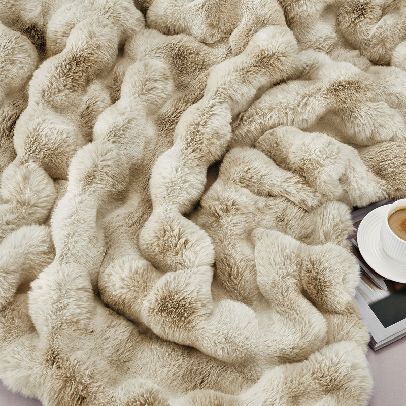 Haalan Cozy Faux Rabbit Fur Soft Reversible Throw Blanket, Throw, Tie-Dye Camel