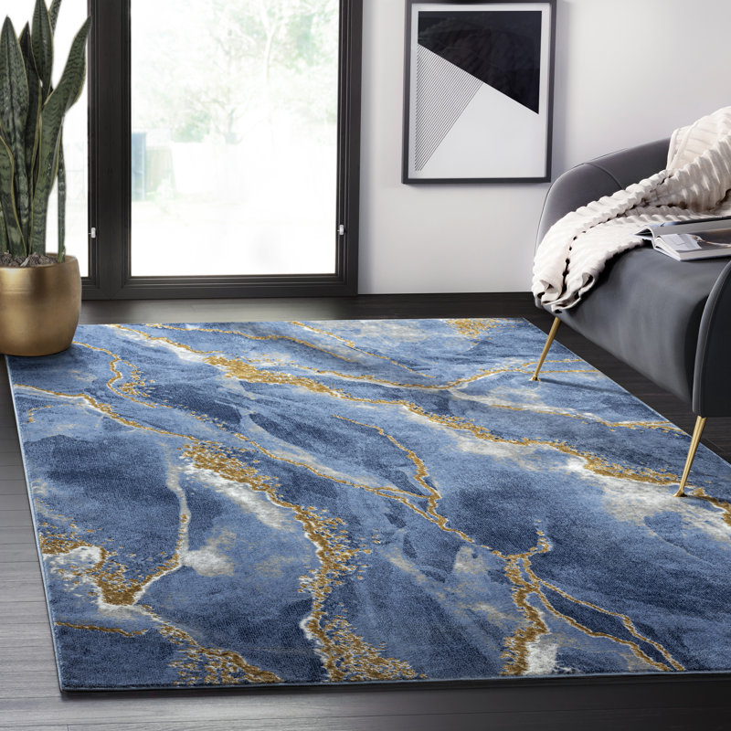 Jasperd Abstract Machine Made Polypropylene Area Rug in Blue/Gold, Rectangle 7'9" x 10'2"
