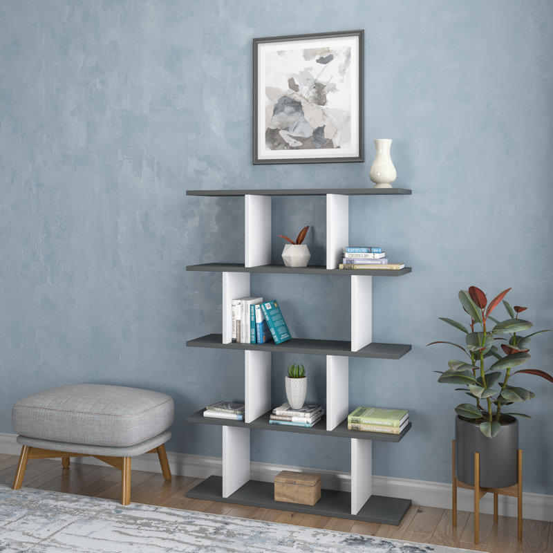 Modern Scandinavian Bookshelf, Anthracite w/ White, 35.4 x 9.8 x 50.2 inches | 100% Melamine Coated Particle Board, Thickness: 0.7 inches | Wall-Mountable, Numerous Shelves, Stylish & Functional Storage Solution for Home or Office