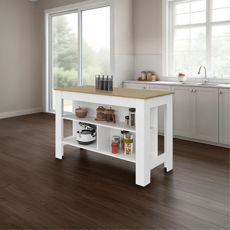 Kitchen Island, 3 Spacious open Shelves, Modern Design, White+Natural