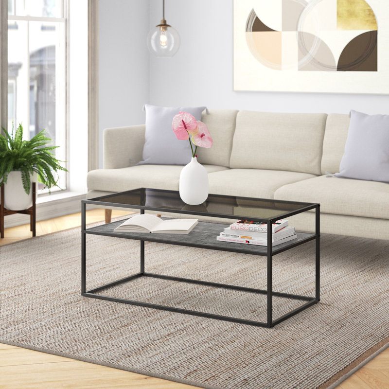 Ugarte Frame Coffee Table with Storage, White Marble/Dark Concrete