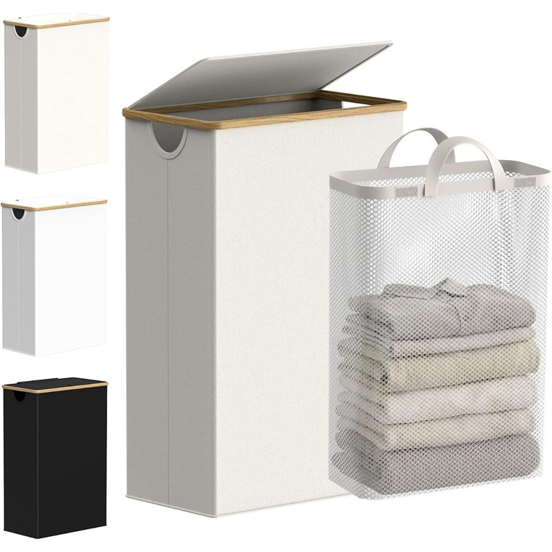 Panier à linge mince avec couvercle et sac à linge amovible, panier à linge étroit avec poignées en bambou pour la salle de bain, la chambre à coucher et la salle de lavage, beige