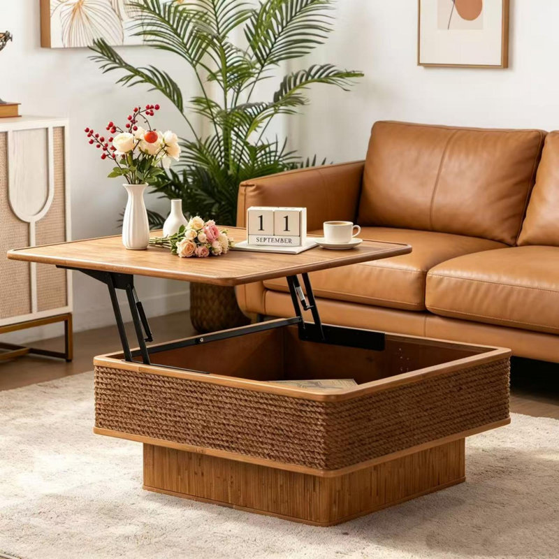 Table basse rétro en rotin et corde de chanvre avec fonction de rangement, adaptée aux restaurants, cuisines et salons, naturel