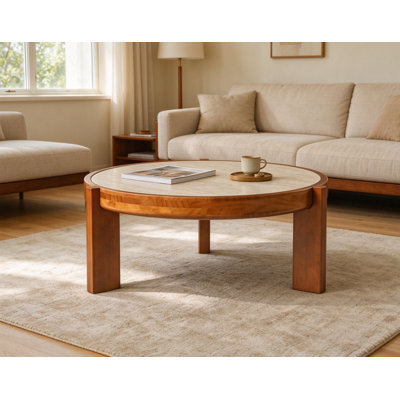 Table basse ronde de 31,5 po avec cadre en bois massif et plateau en pierre frittée