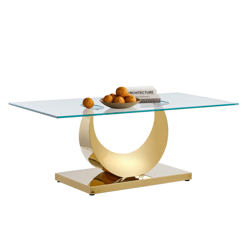 Luxury Glass Coffee Table, 47.25" Sofa Coffee Table with Moon-Shape Stainless Steel Frame and Clear Glass Top, Modern Rectangular Cocktail Table for Living Room