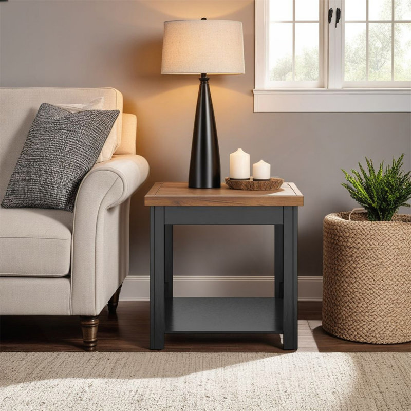 Table d'appoint de 24 pouces avec tablette inférieure, aucun assemblage requis, placages et placages en aulne noueux, design urbain rustique