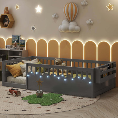Twin Montessori Floor Bed Frame with High Rails, Wood Floor Beds with Light and Storage Shelf