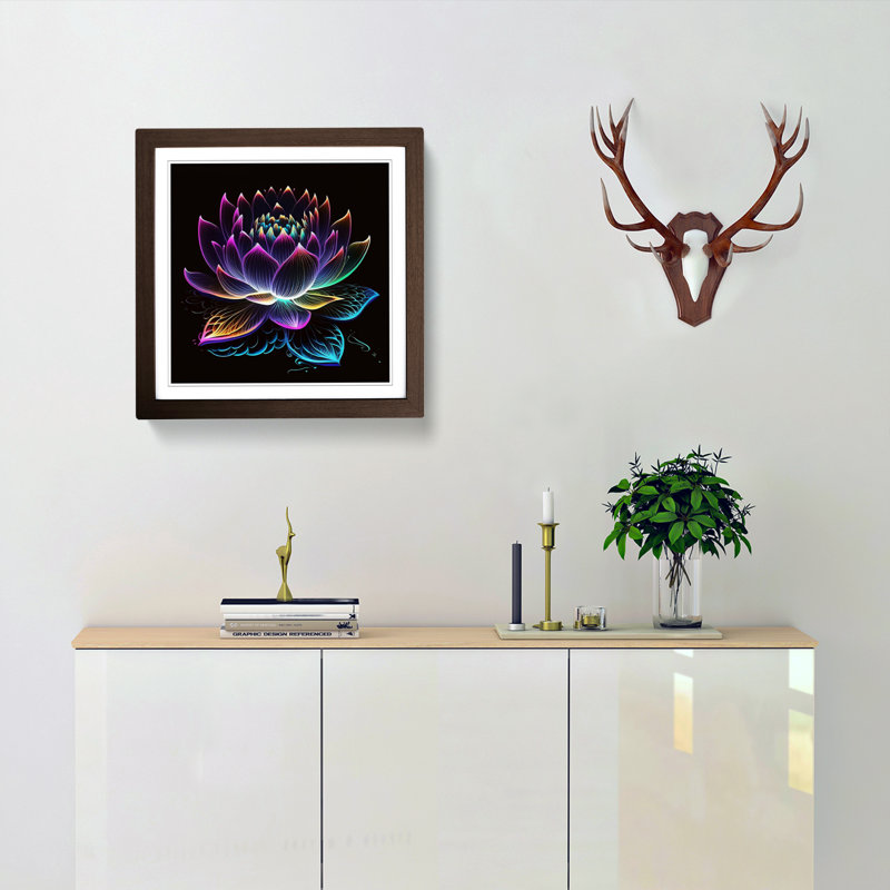 Lotus Flower Neon Art No.1 - Framed Print, Walnut