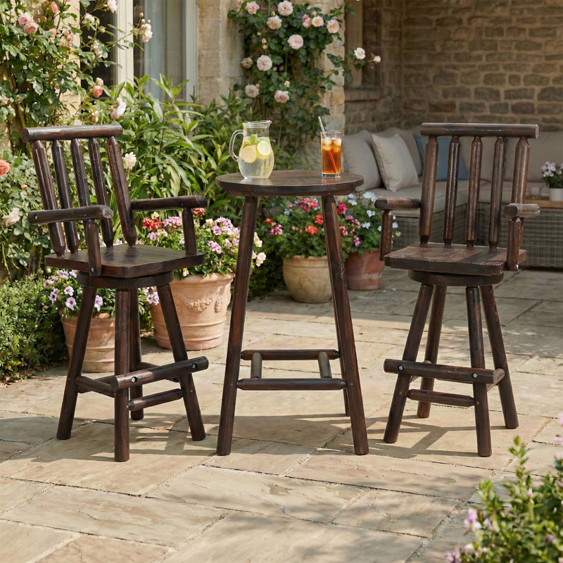  3 Piece Outdoor Swivel Adirondack Bar Set, 41.9" Patio Log Bar Height Table & 2 Bar Stools With High Back, 500 Lbs Heavy Duty Wooden Bar Stools Set For Deck Pub Garden Backyard, Carbonized