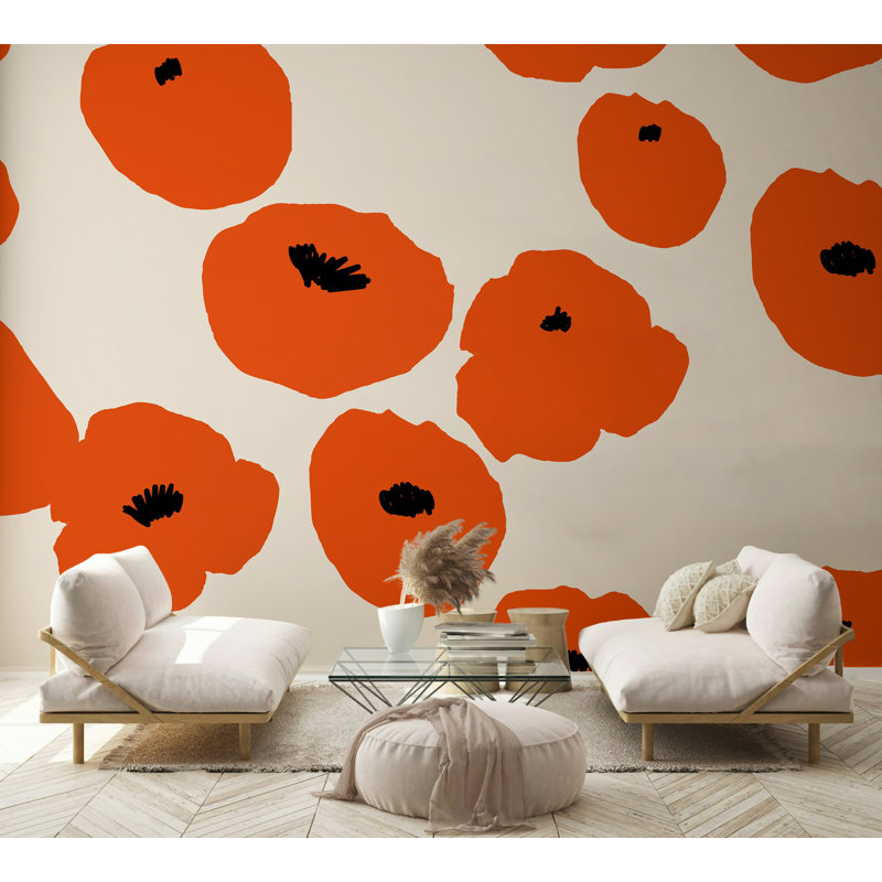 Papier peint floral orange avec coquelicot sur fond crème, L 75 po x l 112 po