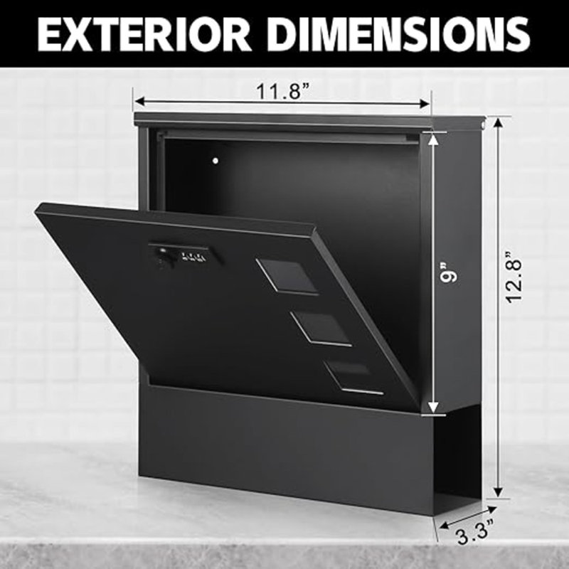 Black Metal Wall Mounted Mailbox with Combination Lock and Newspaper Compartment