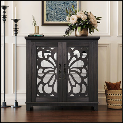 Elegant Sideboard With 2 Acrylic Mirrored Doors, Spacious Storage, And Hollow-Carved Accent For Living Room Or Kitchen