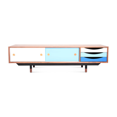 Retro 1955 Tv Cabinet With Blue Hue, Natural Walnut Veneer Over , Black Stainless Steel Legs, Solid Wood Feet, Lacquered Drawers For Primary Living Room From 1955, On Main