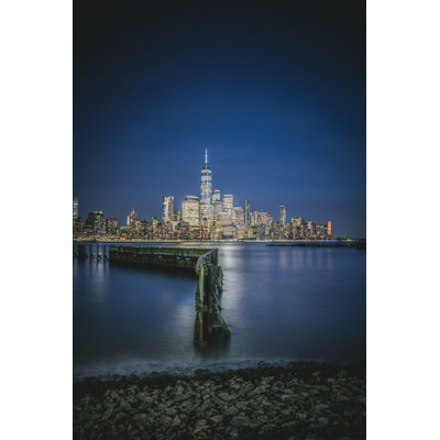 " Manhattan At Night Across River, World Trade Center New, Pier, Blue, Vertical "