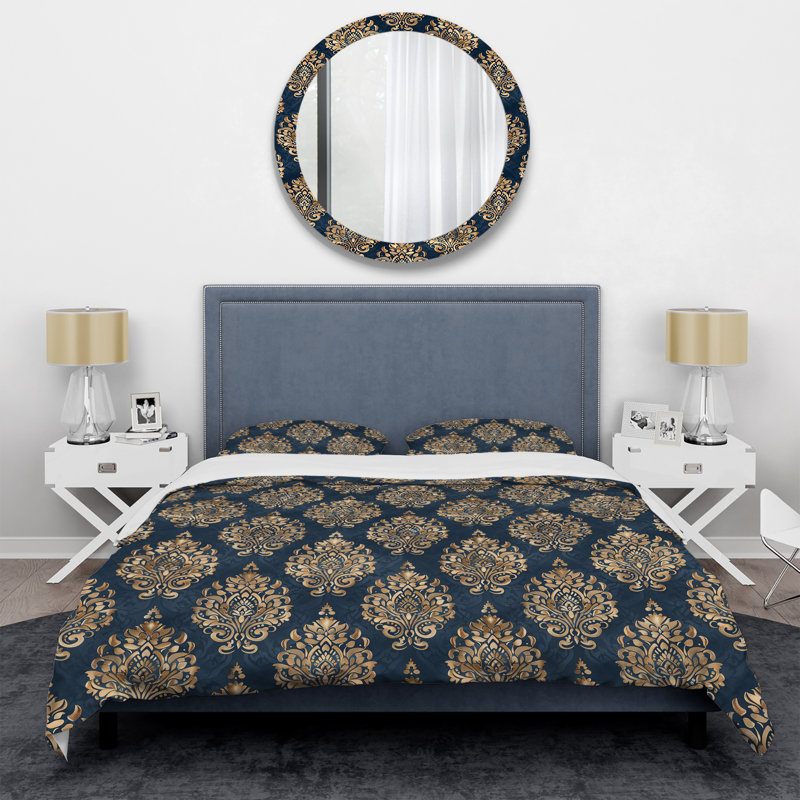 Ensemble de housse de couette bleu doré damassé Glamour I - Glam, Housse de couette simple + 2 taies décoratives st