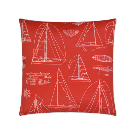 Square throw pillow in bright red with a white, nautical-themed line art pattern featuring sailboats, boat schematics, and a ship steering wheel.