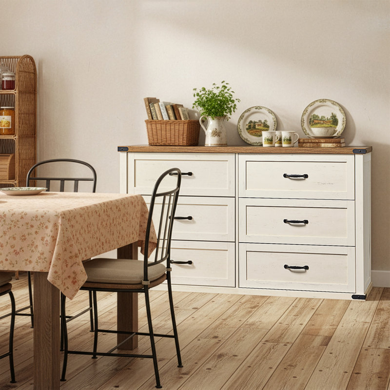54" W Dresser With 6 Drawers, Modern Farmhouse Chest Of Drawers For Bedroom, Tv Stand, For Living Room, White/Brown