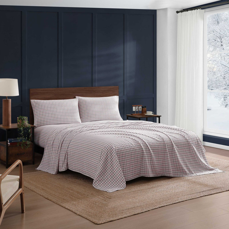 Tommy Hilfiger Tompkins Windowpane Blue Cotton Flannel Sheet Set, King Sheet Set with 2 Pillowcases, Tompkins Windowpane Blue