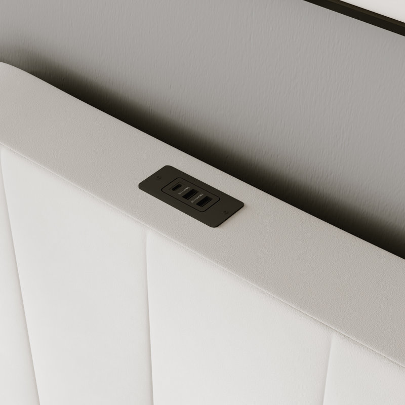 Lit plateforme tapissier moderne en velours avec tête de lit courbée, station de charge, Grand, Blanc