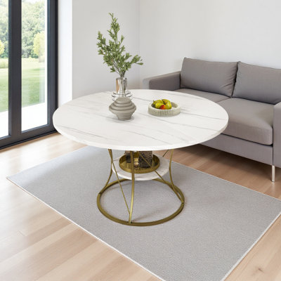 Table de salle à manger extensible ronde 43 po pour 4-6, table de cuisine de ferme avec tablette de rangement et base en métal, table en placage de marbre de 43 à 59 po