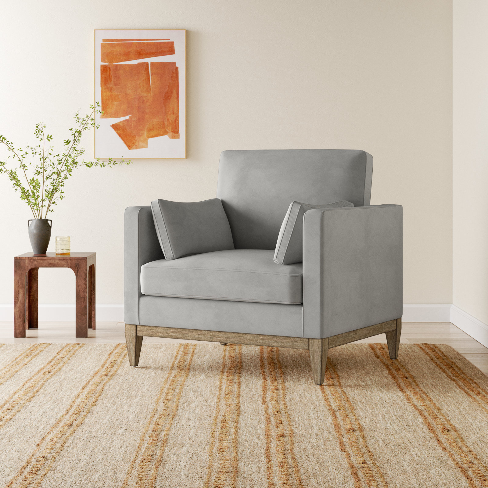 Pera Pine Armchair, Opal Gray Velvet
