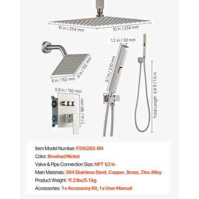 Ensemble de robinet de douche, système de douche à pluie au plafond de 10 pouces avec tête de fixation murale de 6 pouces et douchette portative 2 en 1, valve rotative à double fonction en laiton à 3 fonctions et ensemble de garniture, nickel brossé