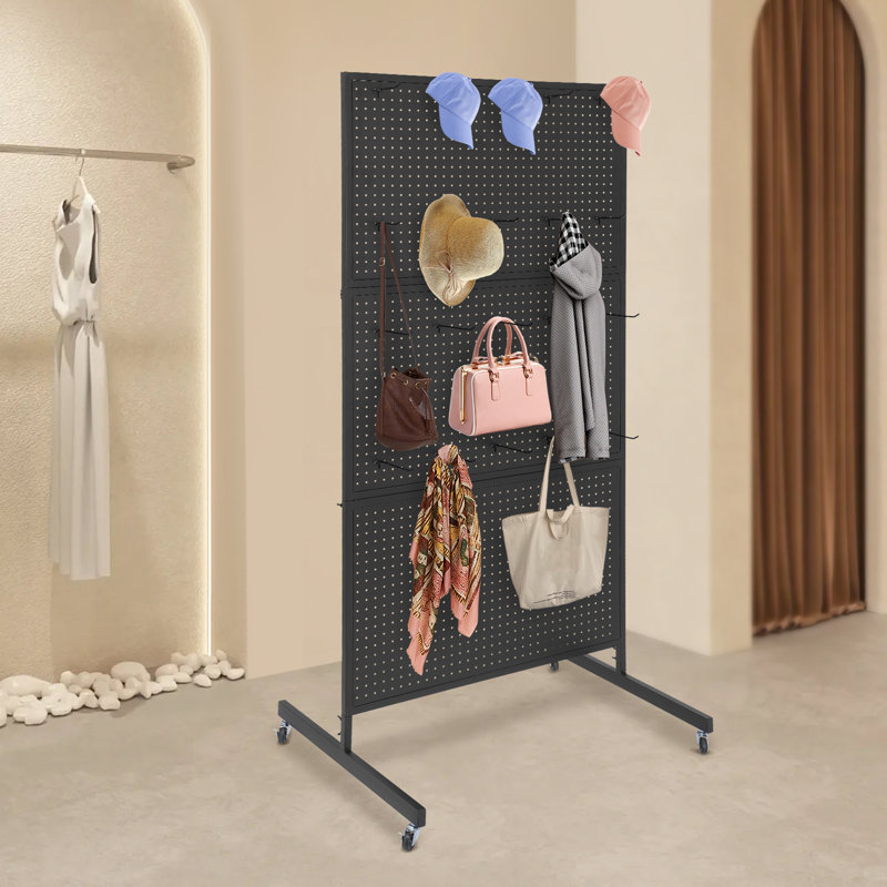 Free Standing Pegboard Display Rack With Wheel, Matte Black