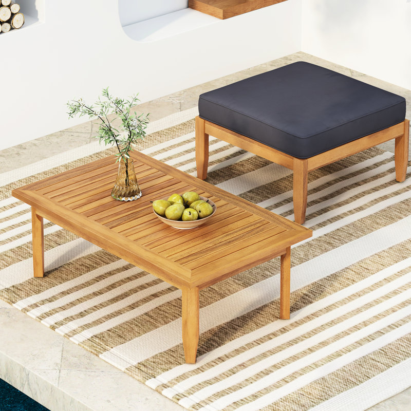 Wood And Coffee Table In Mid-Century Modern Style With Water- Materials, Finish, 25.50”W X 25.50”D 11.50”H , 38.98”W 24.06”D 13.75”H & - Cushions Magnificent Slat Design