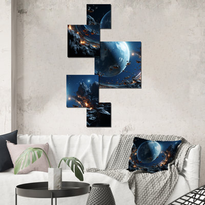 «Blue Planets Distorsion», ensemble d'art mural carré 5 pièces