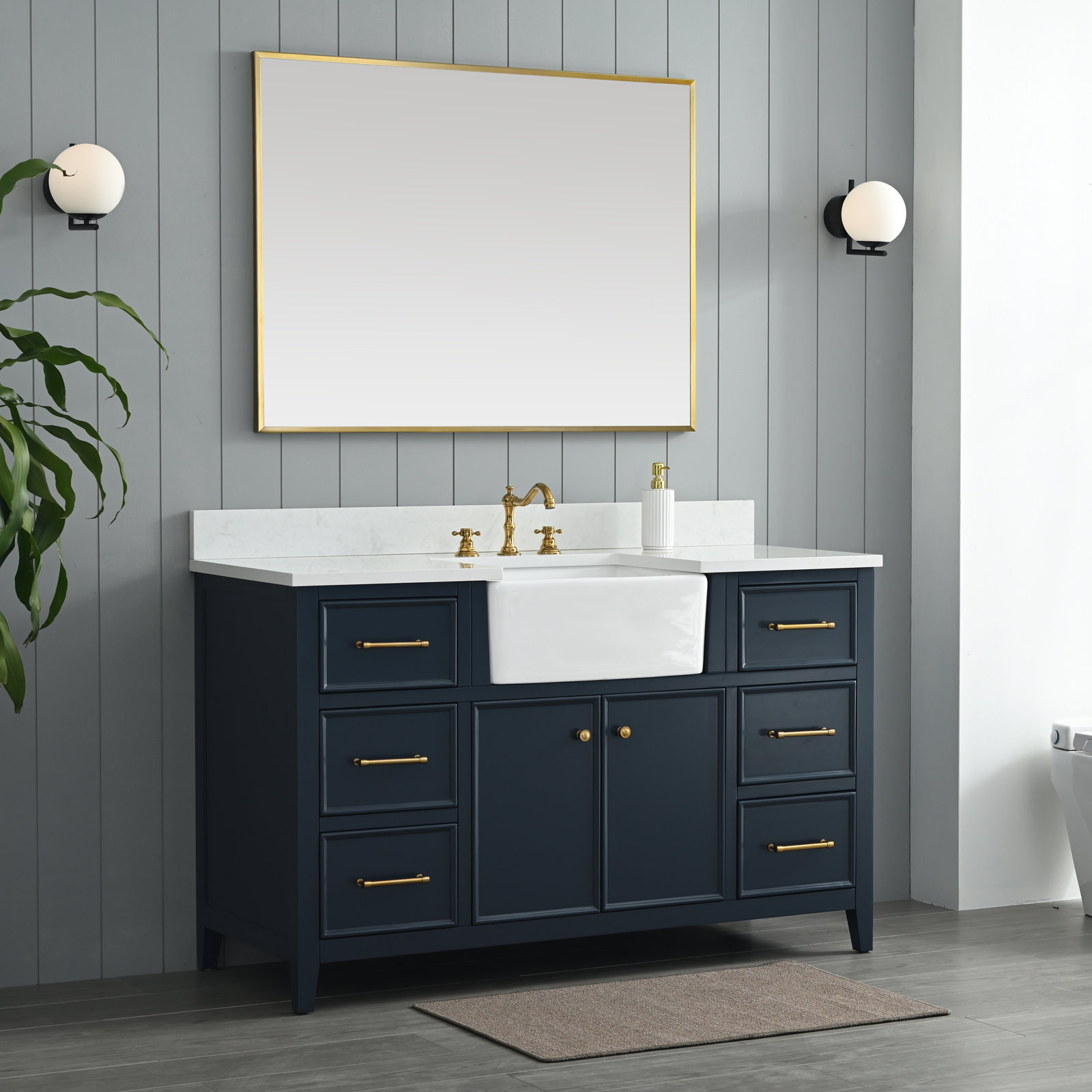 Aisa 54" Pine Single Bathroom Vanity, Indigo Blue/Brushed Gold