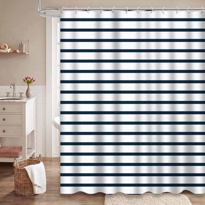 Rideau de douche à rayures horizontales bleu marine et blanc avec 12 crochets