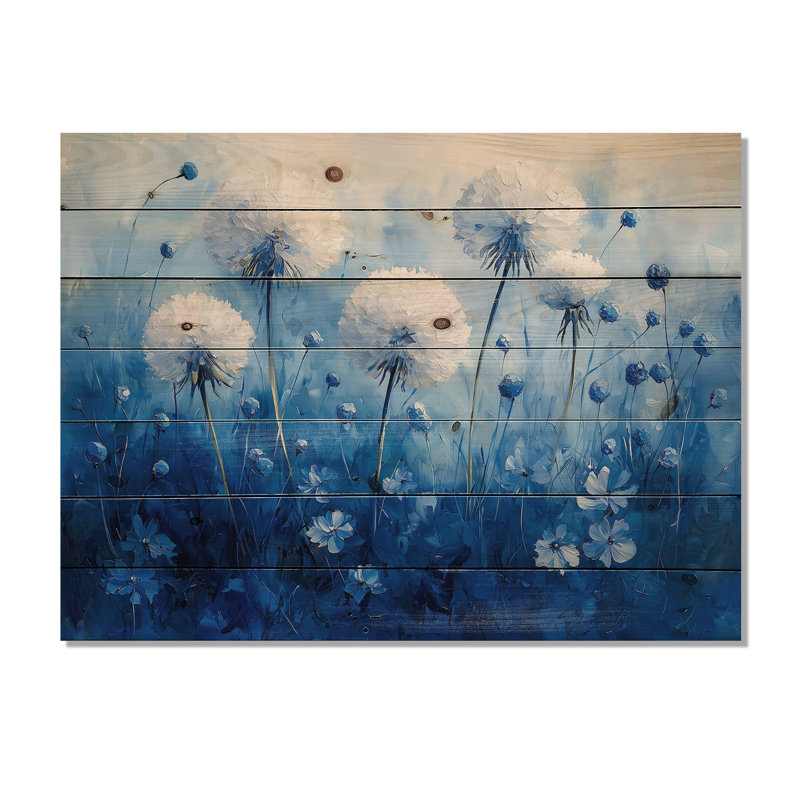 Doux pissenlit lueur dans l'aquarelle Blues II - art mural en bois de pissenlit - sur bois de pin naturel