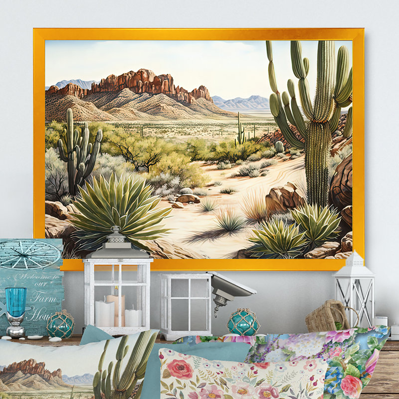 Arizona Desert V - art mural occidental, Cadre doré simple, H 12 po x l 20 po x P 1 po