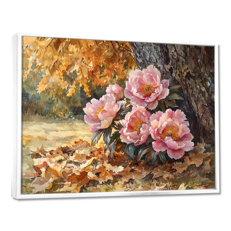Pivoines par le chêne II - art mural encadré de pivoines, H 30 po x l 40 po, Reproduction avec cadre flottant, Blanc
