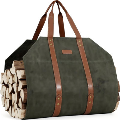 16oz Waxed Canvas Firewood Tote – Heavy Duty, Double Reinforced Straps for Camping & Fireplace