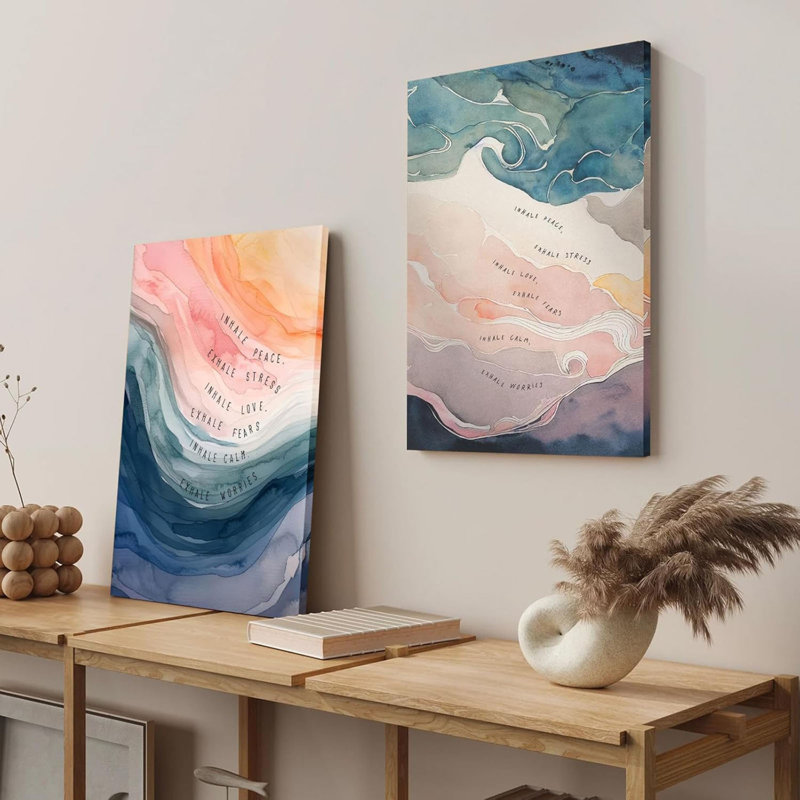 2Pcs Framed Mental Health Poster Inhale Exhale Meditation Vintage Abstract Watercolor Canvas Prints Wall Art For Therapy Office Calming Corner Wall Decor 12X16 In